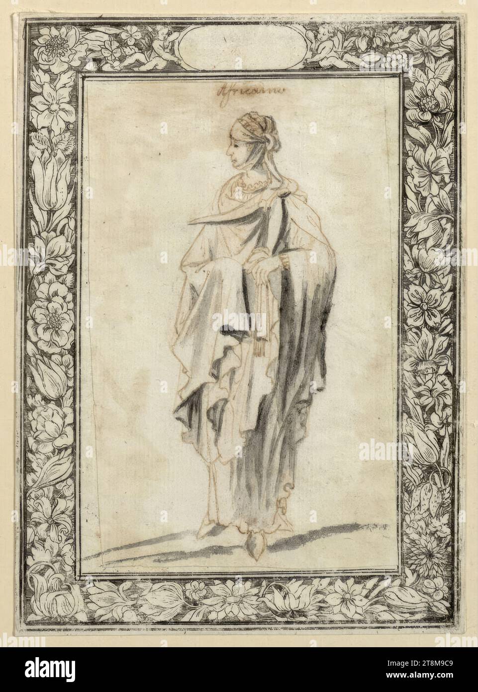 African Woman, between 1650 and 1664, Drawing, pen and brown ink, gray wash; Glued to sheet with engraved decorative border (flower thread), 9.4 x 5.7 cm, M.o. 'Africaine' (feather in brown Stock Photo