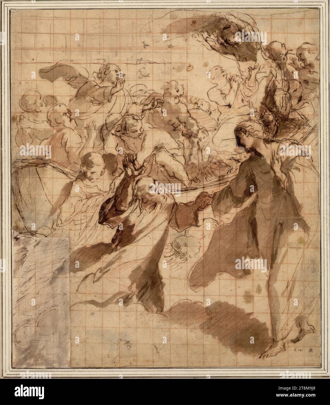Christus und Petrus auf dem See Tiberias, Giovanni Lanfranco (Parma 1582 - 1647 Rom), vor 1631, Zeichnung, Feder, laviert, mit Kohle und Rötel quadriert, 30.9 x 26.6 cm, r.u. Richardson sen; l.u. Herzog Albert von Sachsen-Teschen, in der Mi.u.in alter Hand 'Lanfranco'; king. Resta-Nummer 'h.141'(British Museum, Lansdowne Ms. 803); links unten, neben dem Albert Sz, alte Kreidenummer '61'; auf der Rs., wohl in der Hand Richardsons 'Nr. 61. After he had planted (!) the great work in S. Andrea della Valle; t'was before he went to naples,' und (Bellori-Textstelle): ''D.D.7R. Afterwards Stock Photo