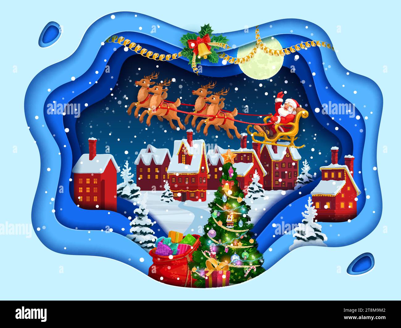 Christmas paper cut poster cartoon Santa on sleigh, winter town and ...