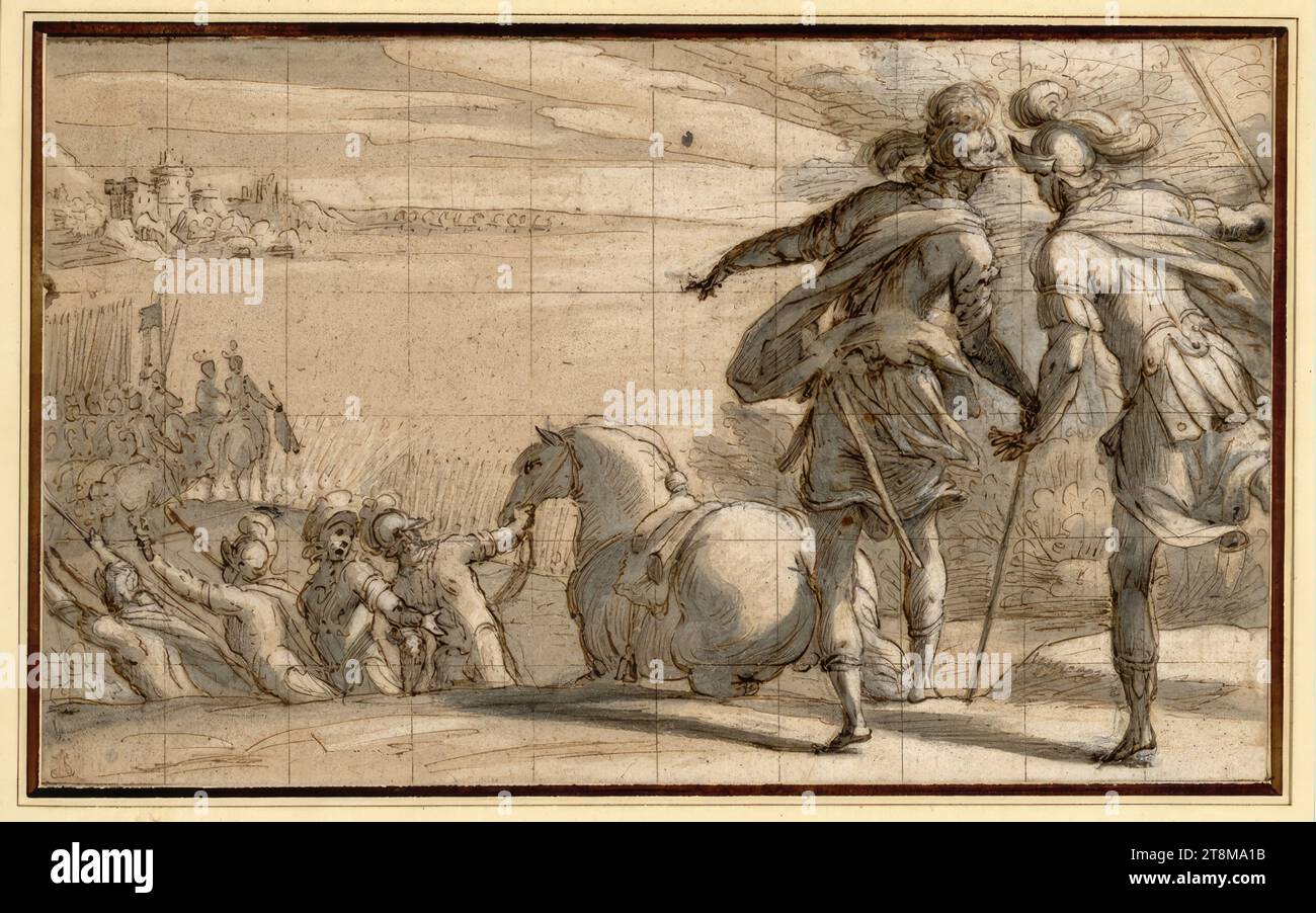 Cavalry army in front of a level. To the right, on the raised ground, two generals on foot seem to be conferring the attack; in the background a fort, anonymous, drawing, charcoal; Feather; gray wash; heightened with white; squared; brown paper, 16.2 x 26.5 cm, l.l. Duke Albert of Saxe-Teschen Stock Photo