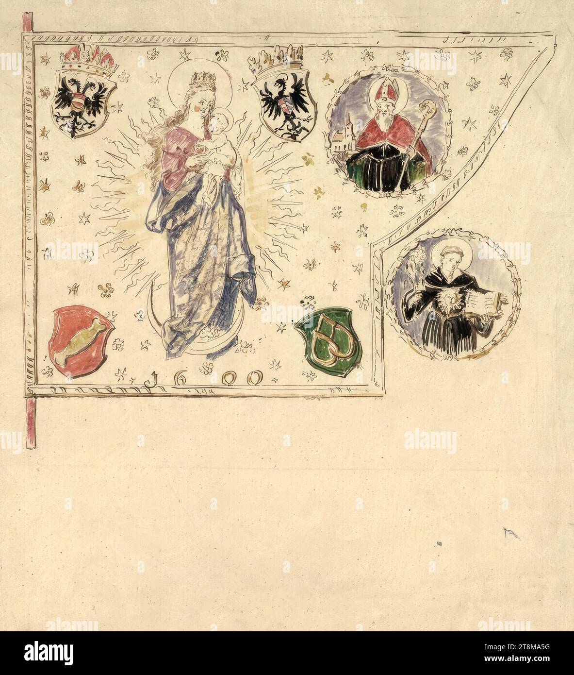 Church flag with Mary on a crescent moon, coat of arms and saints, Hans Makart (Salzburg 1840 - 1884 Vienna), drawing, brown pen, watercolor on tracing paper, 31.2 x 27.6 cm, l.l. 'JH' (collector's stamp: Julius Herz von Hertenried); r.b. 'MAKART'S ESTATE', l.l. '28428 Stock Photo