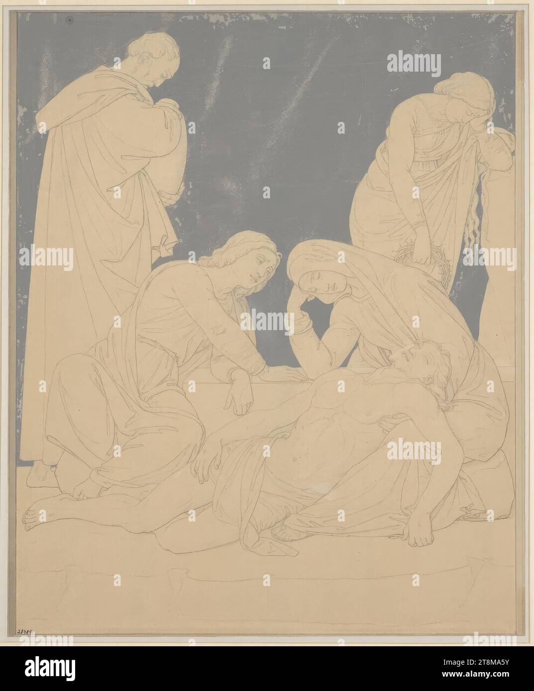 Lamentation for Christ, Friedrich Overbeck (Lübeck 1789 - 1869 Rome), 1861, drawing, black chalk, on yellowish paper, the background painted with blue-violet topcoat, frame painted illusionistically in gray with a brush, laid down on paper, 52.5 x 43.2 cm Stock Photo