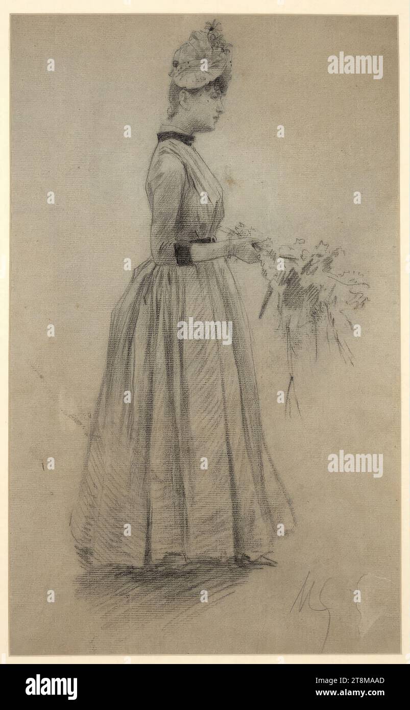 Girl with flowers, Felician von Myrbach-Rheinfeld (Zaleszczyki (Galicia) 1853 - 1940 Klagenfurt), 1881-1897, drawing, chalk, passe-partout cut-out: 41.4 × 25.2 cm Stock Photo