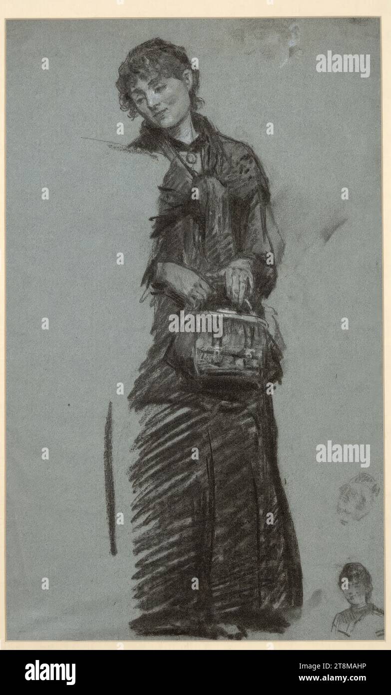 Standing woman with a purse, two heads lower right, Felician von Myrbach-Rheinfeld (Zaleszczyki (Galicia) 1853 - 1940 Klagenfurt), 1890-1900, drawing, chalk, passe-partout cutout: 46.4 × 28 cm Stock Photo