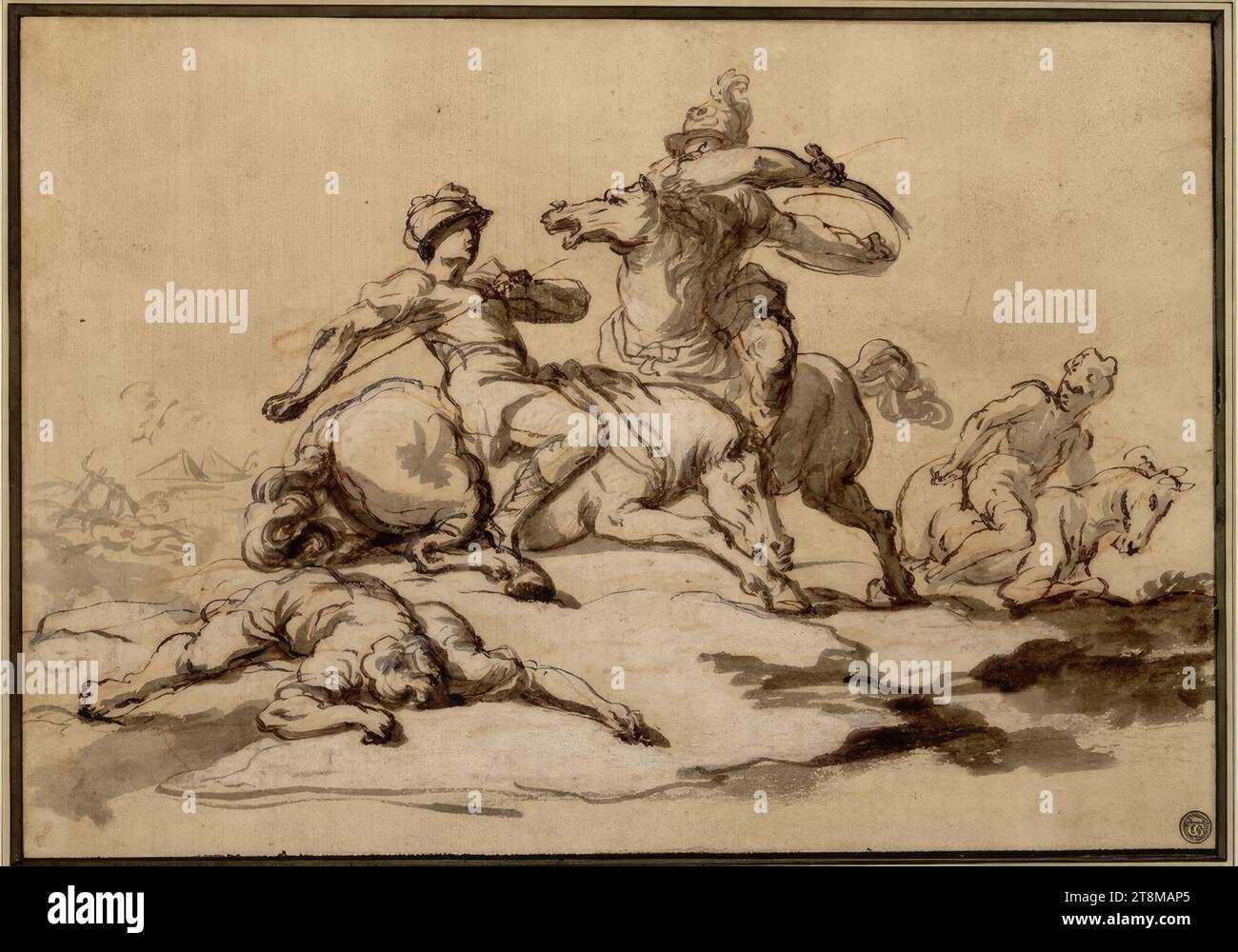 Equestrian battle, Francesco Monti gen. il Brescianino delle Battaglie (Brescia 1646 - 1712 Parma), drawing, Rötel; spring; brush; gray washed; white height, 19.8 x 28.0 cm, r.u. Genevosio (L. 545); l.u. Duke Albert von Saxe-Teschen Stock Photo