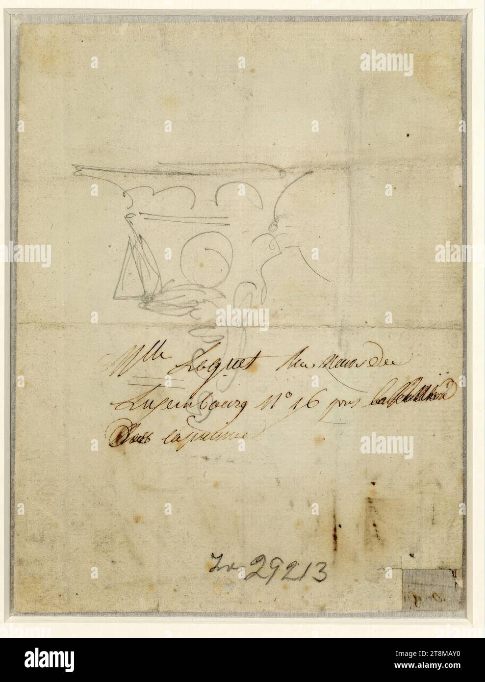 Indistinct pencil sketch, Martin Drolling (Oberbergheim 1752 - 1817 Paris), around 1810, drawing, pencil, 191 x 145 mm, M. handwritten inscription with pen in brown: 'Mlle Leguet rue neuve du, Luxembourg No 16 pres le boulevard, des capucines'; mu 'Inv 29213', pencil; Recto: on an inserted, reinforced piece of paper (2 x 3 cm) by another hand with brush in brown 'Daguerre Stock Photo
