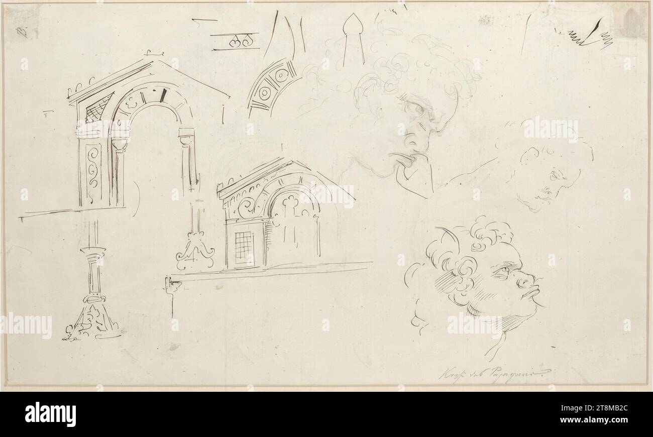 Architectural sketches and three heads of Papageno with the lock in front of his mouth from the Magic Flute cycle of the Vienna Opera, Moritz von Schwind (Vienna 1804 - 1871 Niederpöcking/Munich), 1864-1867, drawing, pen in brown, pencil, passe-partout cutout: 19.7 x 33 cm (7 3/4 x 13 in.), l.o. 'B.'; r.b. 'Head of Papageno Stock Photo