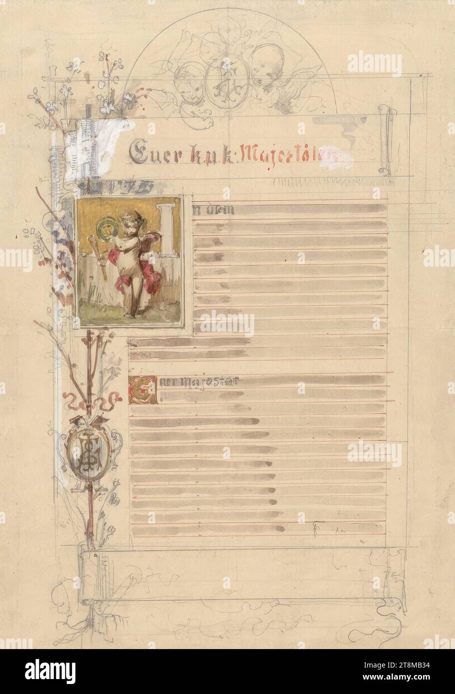 Majesty homage sheet, Julius Victor Berger (Neutitschein (Czech Republic) 1850 - 1902 Vienna), drawing, pencil, watercolour, sheet: 27.4 x 19.2 cm, M.o. 'Your k.u.k. Majesties Stock Photo