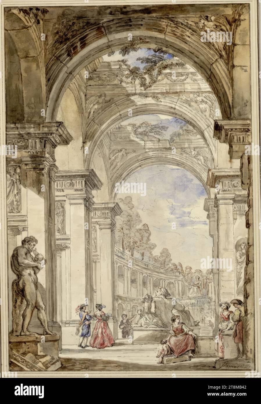 Antique hall with Doric columns and cracked ceiling, Giovanni Paolo Pannini (Piacenza 1691 - 1765 Rome), drawing, pen, watercolour, 35.5 x 23.8 cm, l.l. Duke Albert of Saxe-Teschen, left in the base of the Hercules 'G..' (two illegible letters); 'Panini' in pen lower right Stock Photo