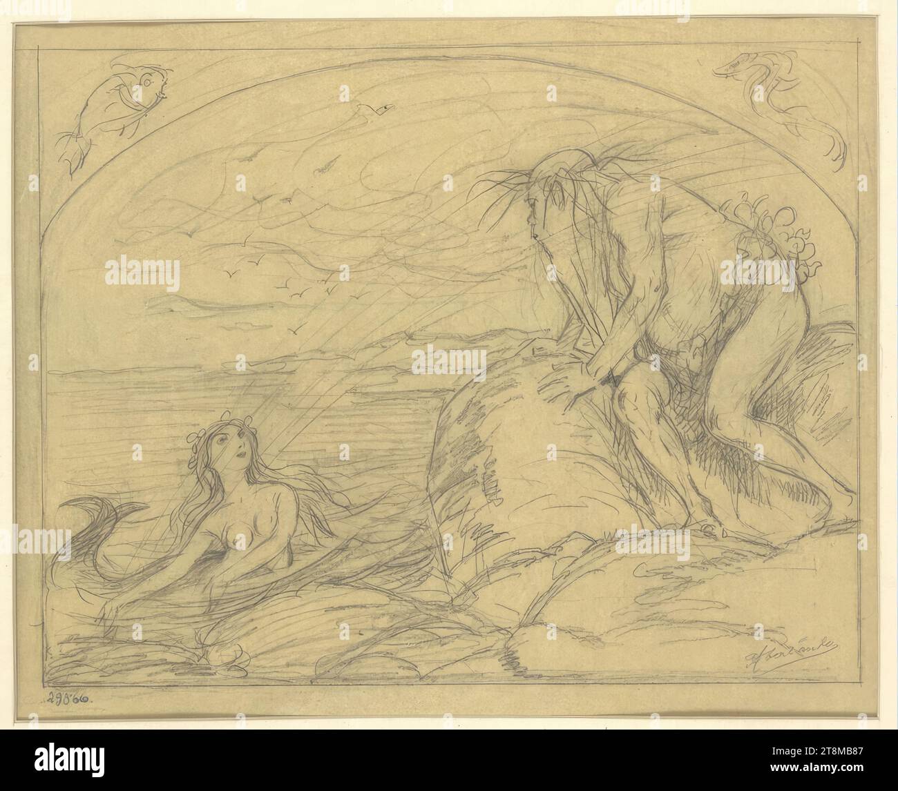 A mermaid splashes water on an ancient sea god on the shore; a fish in each of the spandrels, Adolf Oberländer (Regensburg 1845 - 1923 Munich), 19th century, drawing, pencil, on yellowish transparent paper; Pencil border line, 250 x 338 mm, right. u.: 'AOberländer Stock Photo