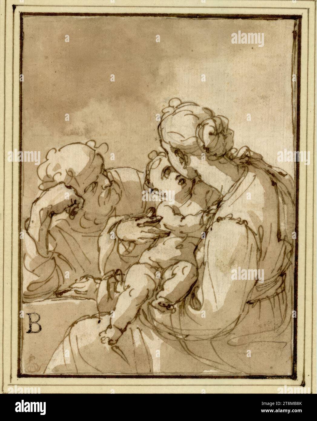 The Holy Family., Ubaldo Gandolfi (San Matteo della Decima 1728 - 1781 Ravenna), drawing, pen, ink, washed, 11.9 x 9.1 cm, l.l. unidentified stamped B (L.321 ?); l.b. Duke Albert of Saxe-Teschen Stock Photo