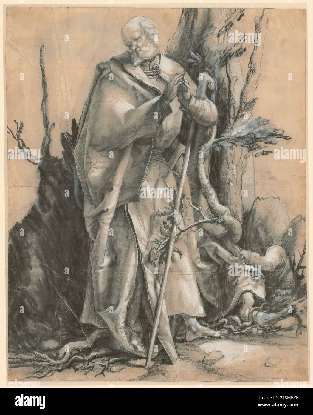 Moses under the burning bush, Matthias Grünewald (Würzburg around 1480 - 1528 Halle an der Saale), around 1516, drawing, charcoal, partially wiped over the entire surface, fixed, heightened with white with a brush, on yellow-grey washed paper, 36.2 x 29, 2 cm, no collector's stamp Duke Albert of Saxe-Teschen Stock Photo
