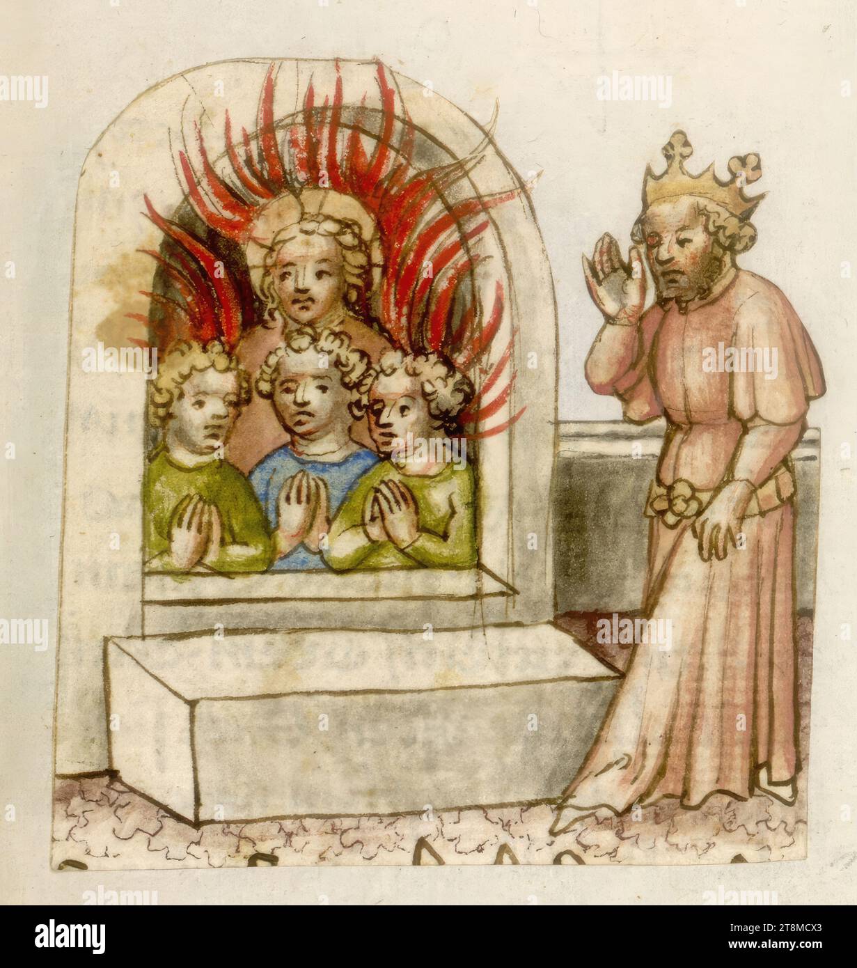 Song of the Three Young Men in the Fiery Furnace, History Bible, Anonymous, 1420 - 1430, Drawing, Colored pen drawing Stock Photo