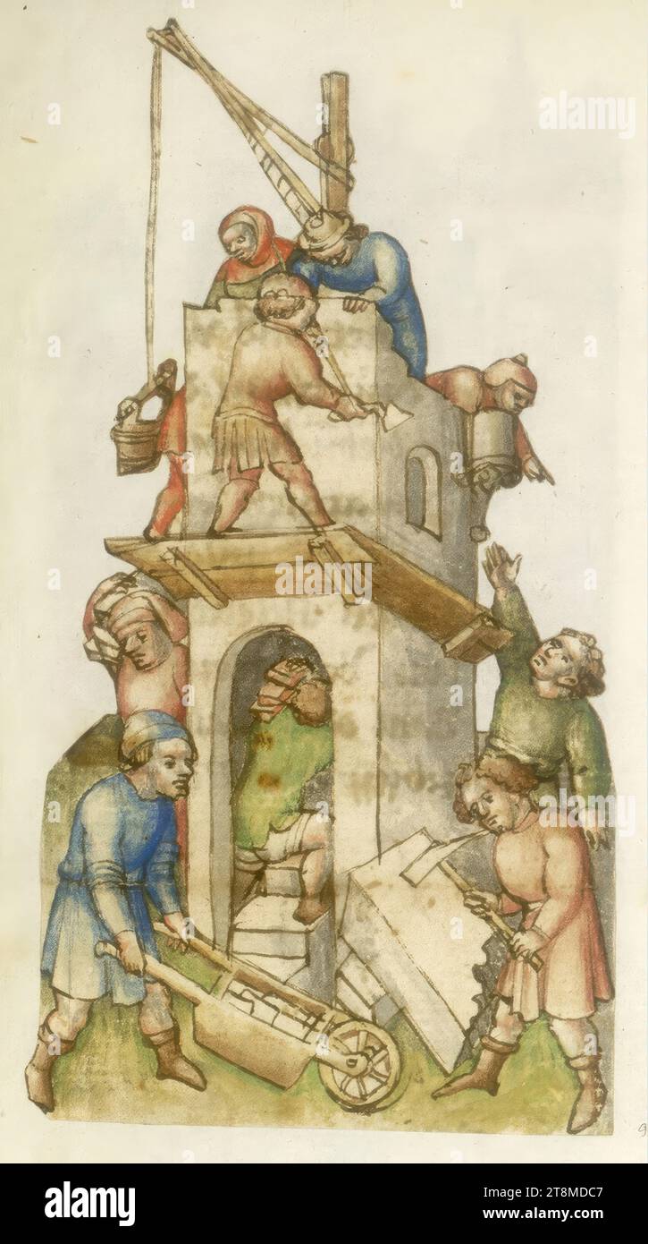 Construction of a Tower, History Bible, Anonymous, 1420-1430, Drawing, Colored Pen Drawing Stock Photo