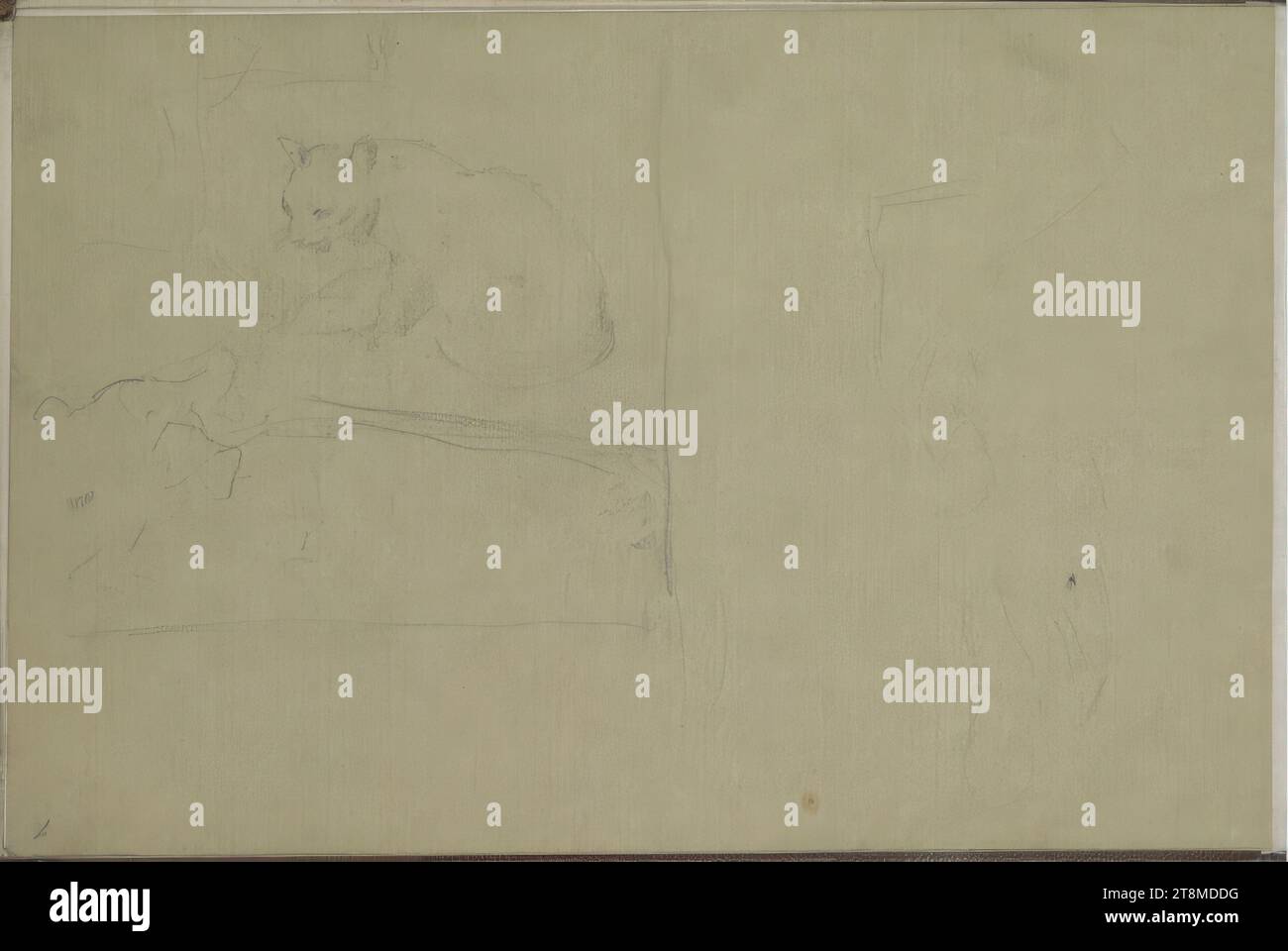 figure sketches; Spatial sketch with cat (upside down in sketchbook), Sketchbook Canon Hans; 15 paginated pages, Hans Canon (Vienna 1829 - 1885 Vienna), around 1875, drawing, pencil, sheet: 13.7 cm x 21 cm Stock Photo