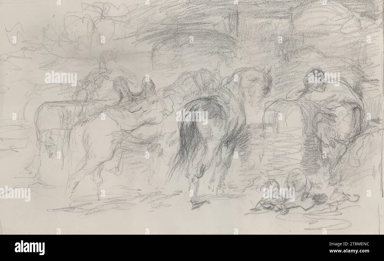 Horse trough, Christian Adolf Schreyer (Frankfurt am Main 1828 - 1899 Kronberg im Taunus), 19th century, drawing, pencil, wiped in places; sketchy pencil border line, 151 x 228 mm Stock Photo