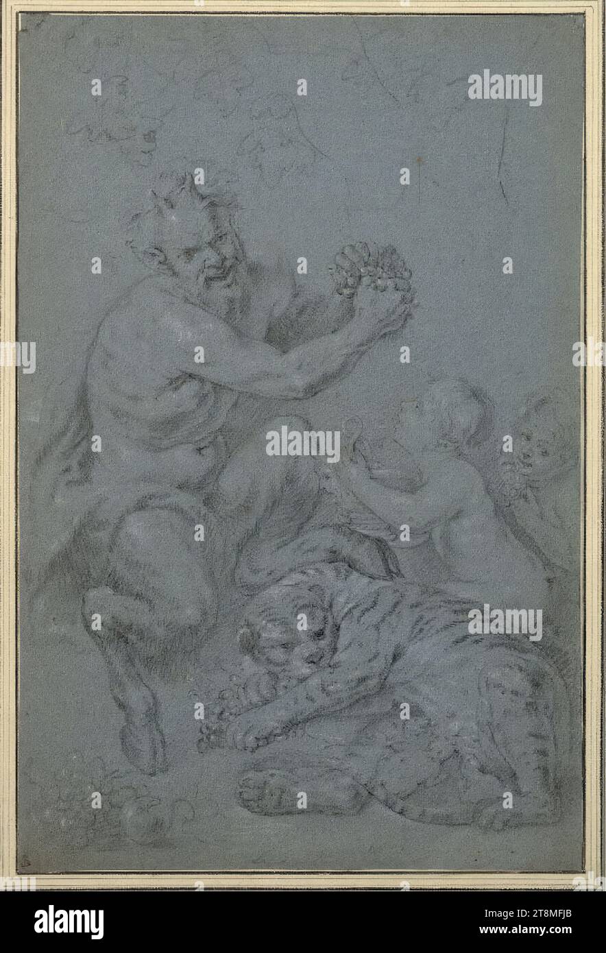 Satyr with Bacchante boys and tigress, Anonymous, Joachim von Sandrart d. Ä. (Frankfurt am Main 1606 - 1688 Nuremberg), drawing, black and white chalk on blue-grey paper, 42.9 x 28.1 cm, l. and Duke Albert of Saxe-Teschen Stock Photo