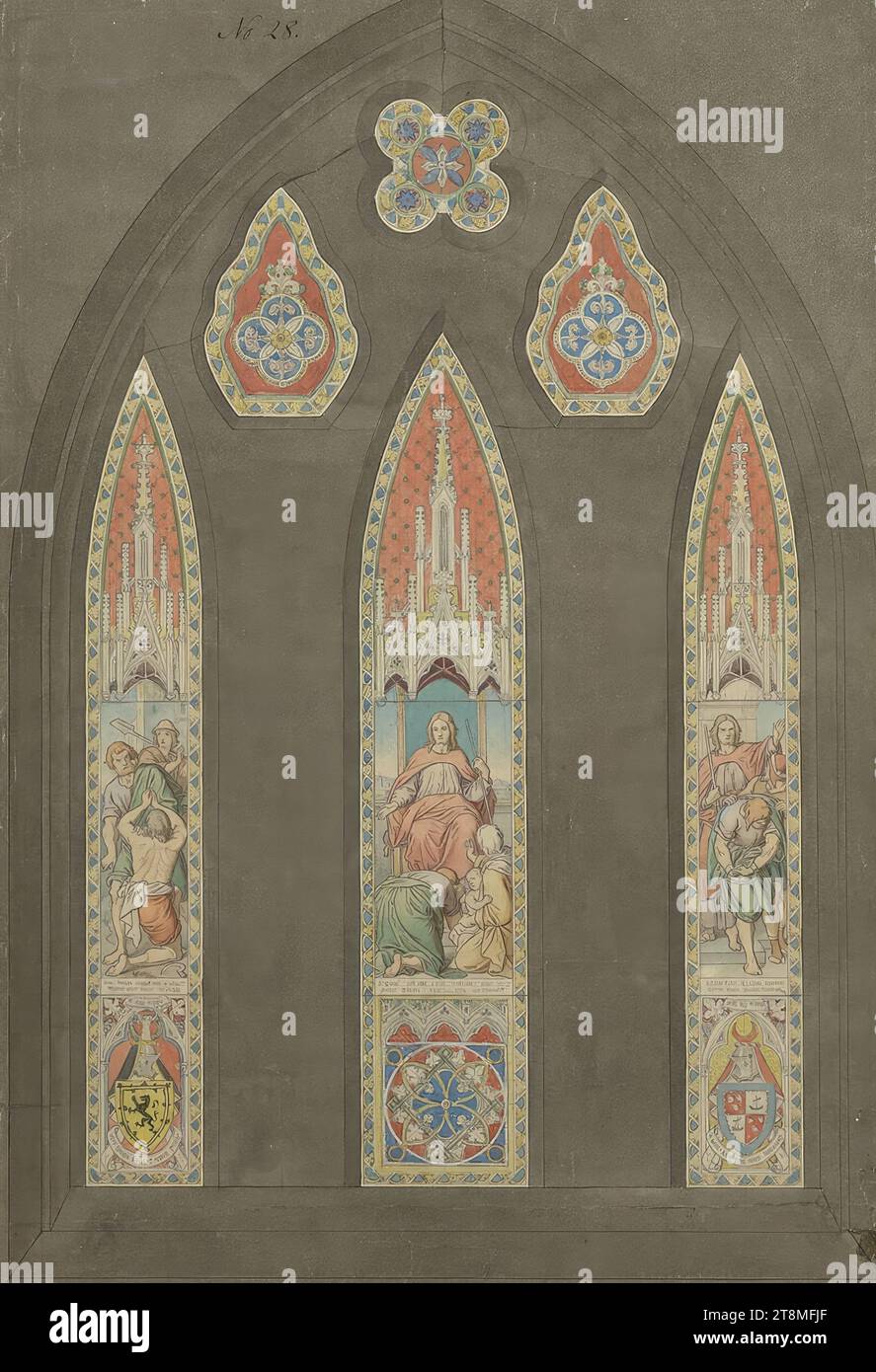 Draft glass window for Glasgow Cathedral: The Parable of the Debtors, Georg Fortner (Munich 1814 - 1879 Munich), 1861-1862, drawing, pencil, black-grey pen, watercolour, opaque paint, opaque white, 505 x 348 mm, l.o. 'No 28.' (pen in black-brown) - verso: l.l. 'For the Com.tee Andrew app' (brown pen); 'WCowper first Ct. of <...>' (pen in brown Stock Photo