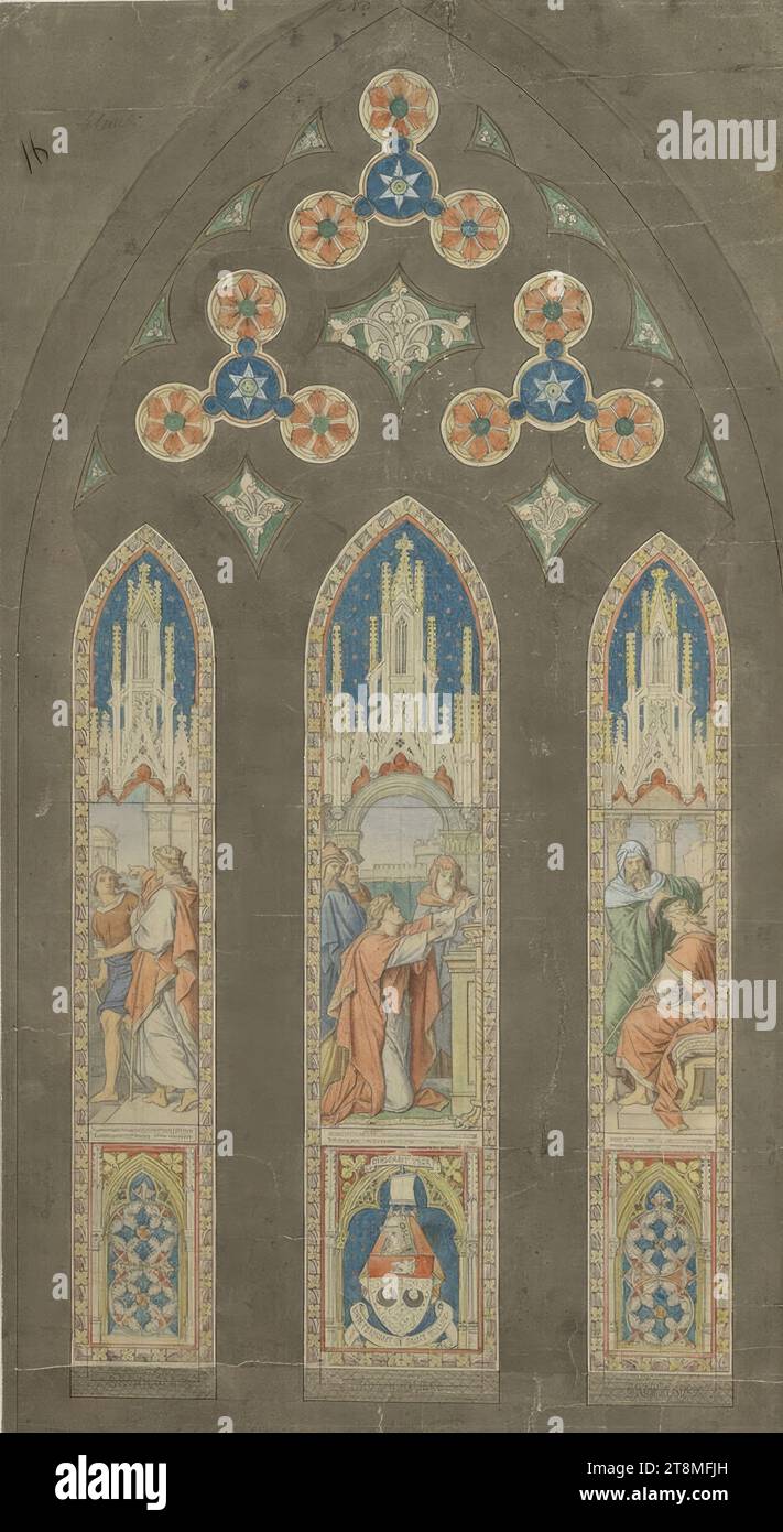 Glass window design for Glasgow Cathedral: from the story of Hezekiah, Georg Fortner (Munich 1814 - 1879 Munich), 1861, drawing, pencil, black-grey pen, watercolour; opaque white, 490 x 271 mm, M.o. 'No 16' (Bleist., cropped); l.o. '16' (pen in black-brown); 'blue' (lead.); on the arch above the coat of arms in the window M.u. the motto 'Deus Dabit Vela' and 'John. Tenant of Saint Polloy.' (Lead.); in the three windows below 'Brown Glass.' - verso: four approbations Stock Photo