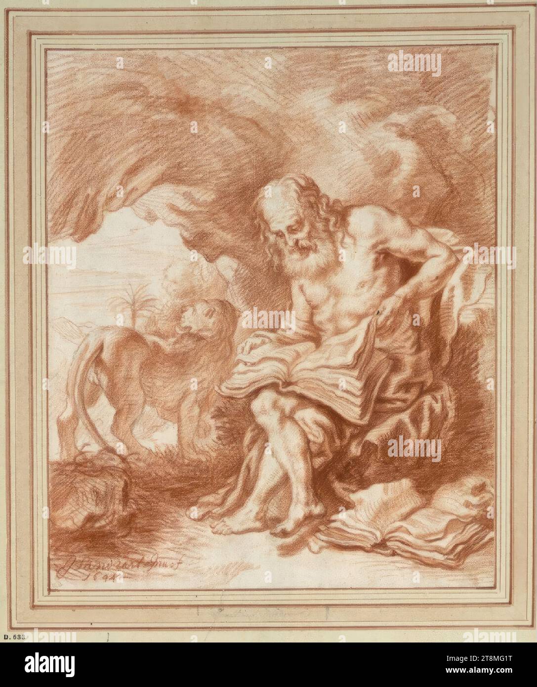 Saint Jerome in the desert, Joachim von Sandrart d. Ä. (Frankfurt am Main 1606 - 1688 Nuremberg), 1644, drawing, sanguine, 28.3 x 23.5 cm, l. and Duke Albert of Saxe-Teschen Stock Photo