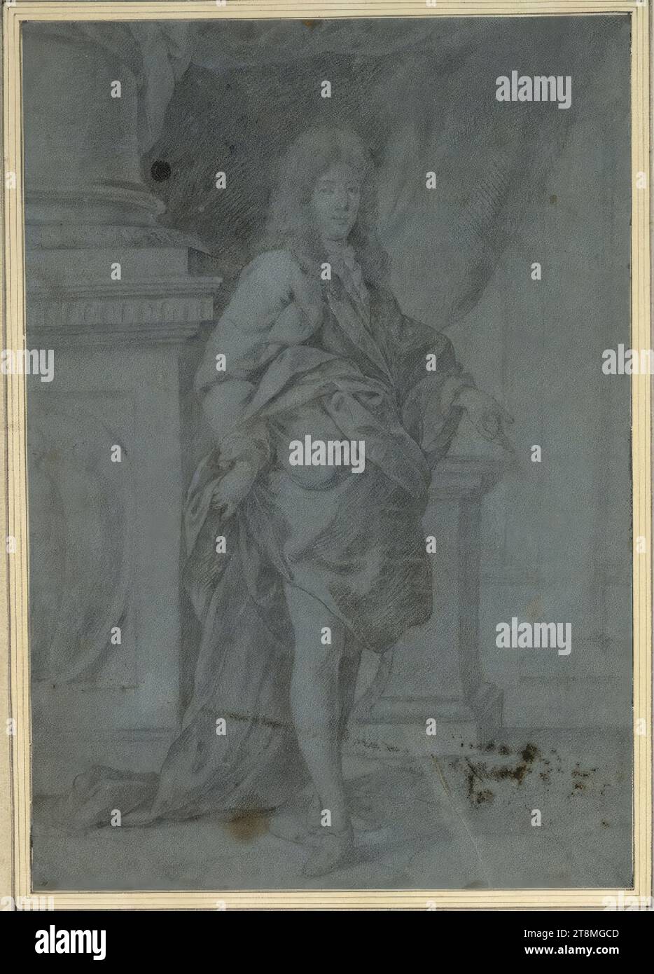 Representative portrait of a cavalier, Joachim von Sandrart d. Ä. (Frankfurt am Main 1606 - 1688 Nuremberg), drawing, black chalk on blue paper, 38.3 x 26.5 cm, l. and Duke Albert of Saxe-Teschen Stock Photo