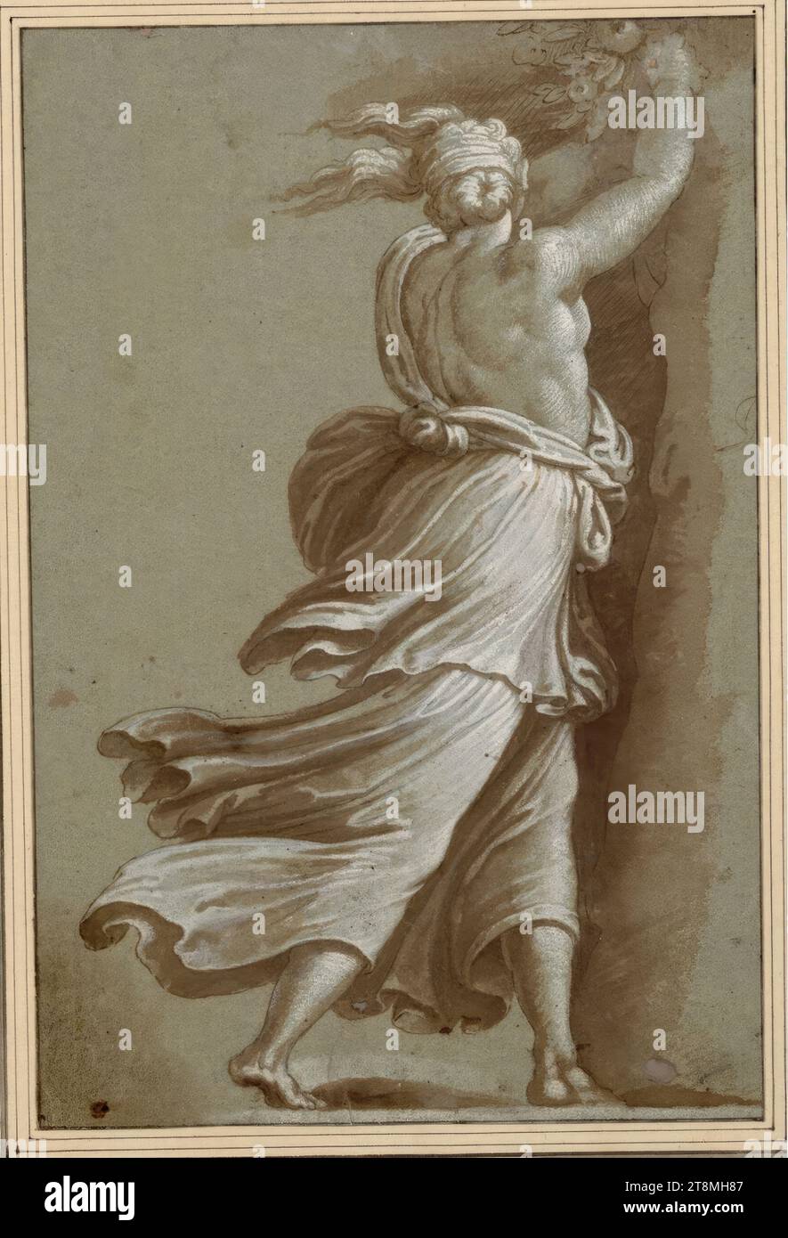 One of the Hesperides seen from the back, stopping at a run, grasping the branch of a tree with both hands raised, anonymous, drawing, pen; washed; heightened with white; blue paper, 25.5 x 16.8 cm, l.l. Duke Albert of Saxe-Teschen Stock Photo