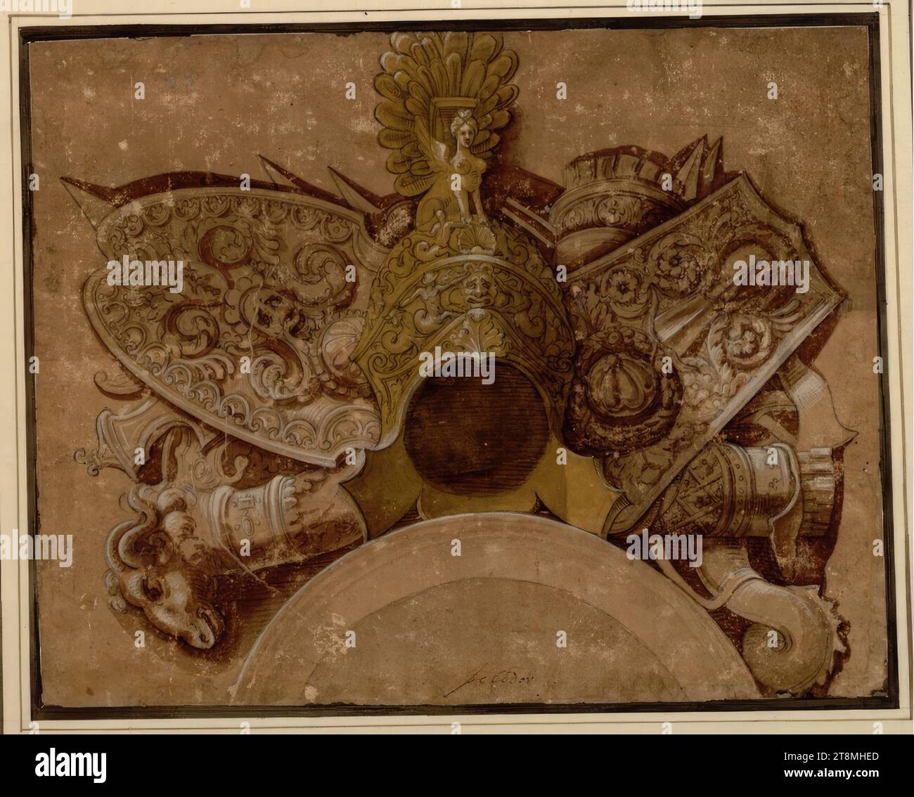 Trophy of arms arranged over a bow, anonymous, drawing, chalk; brown and gray wash; heightened with white; three drops of wax lower left., 26.8 x 34 cm, l.l. Duke Albert of Saxe-Teschen, 'Polodorus Stock Photo