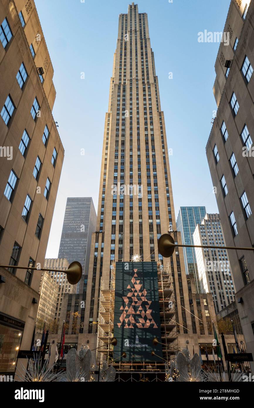 The giant Christmas tree in Rockefeller Center is an iconic holiday tradition, 2023, New York City, USA OK Stock Photo