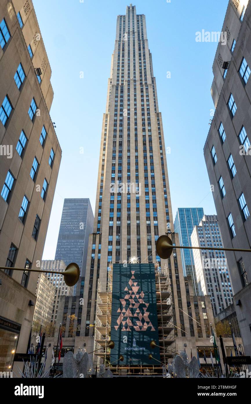 The giant Christmas tree in Rockefeller Center is an iconic holiday tradition, 2023, New York City, USA OK Stock Photo