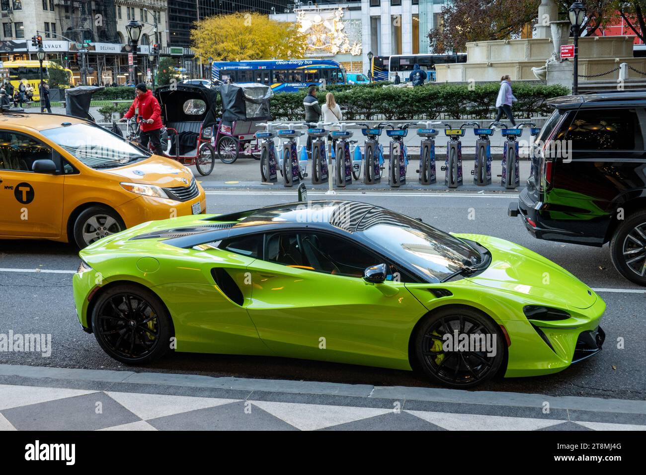 McLaren Artura is a high-end luxury sports car parked in front of the Plaza Hotel, 2023, New York City, USA Stock Photo