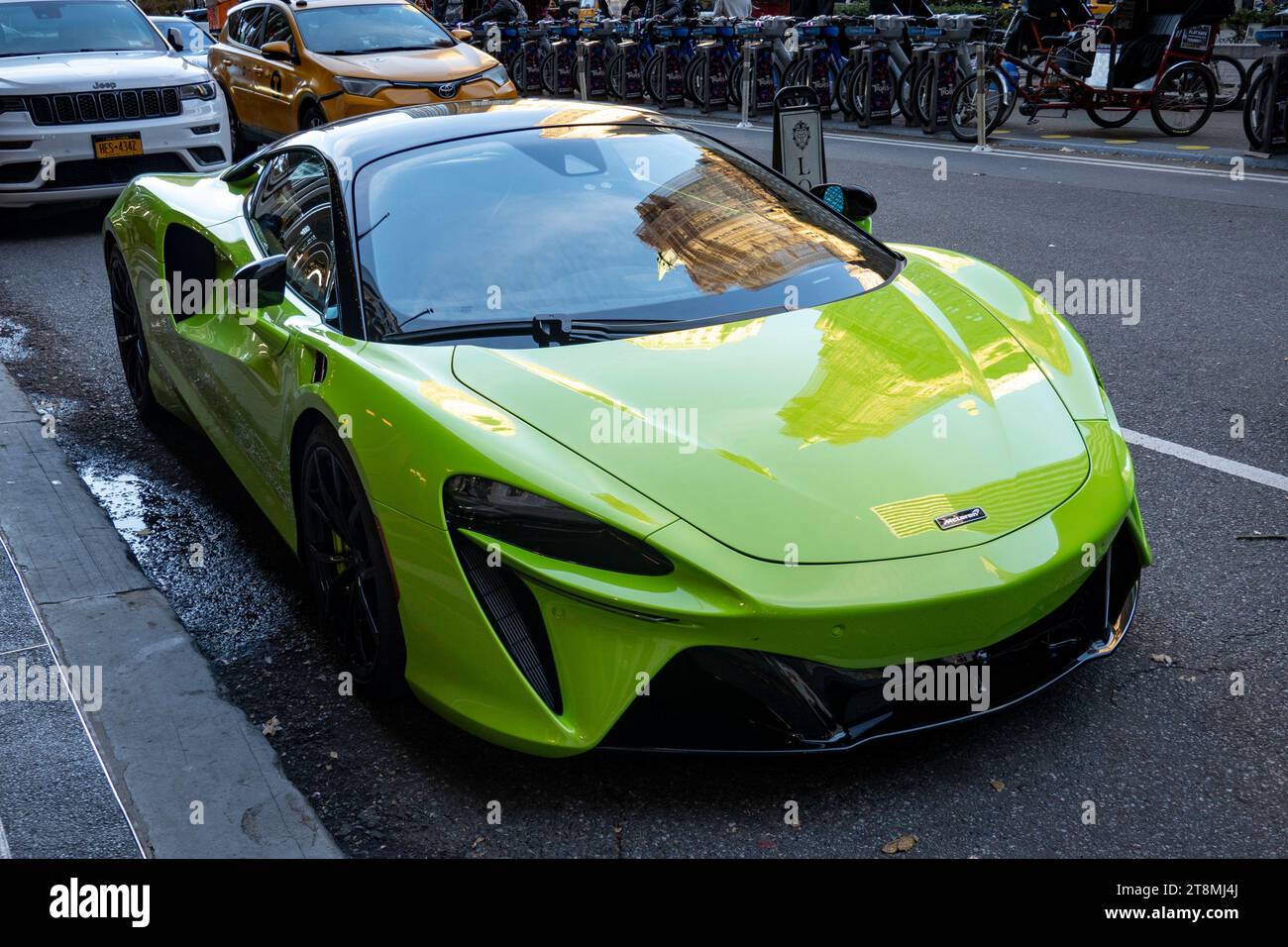 McLaren Artura is a high-end luxury sports car parked in front of the Plaza Hotel, 2023, New York City, USA Stock Photo