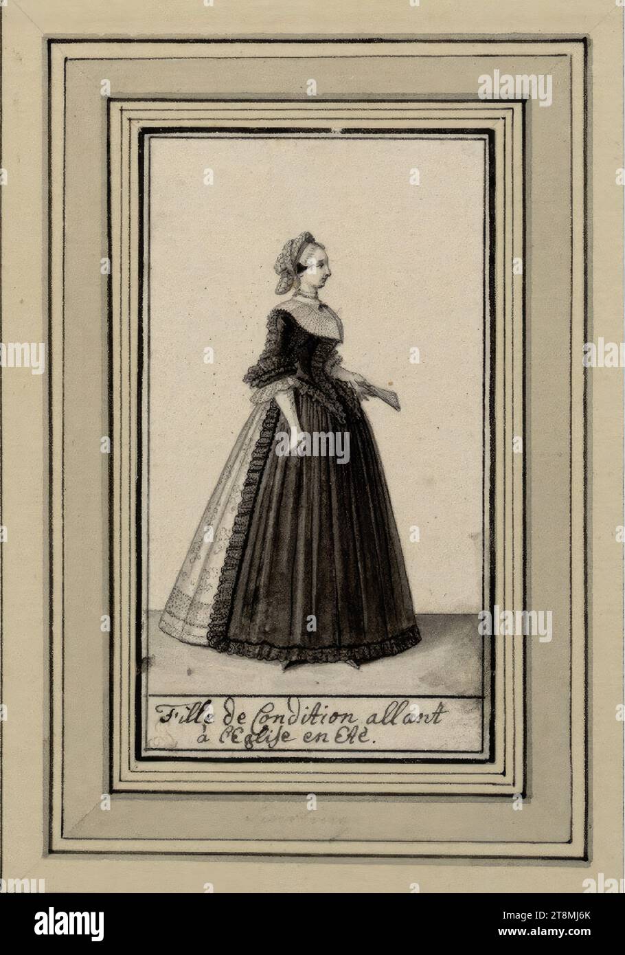 Fashions of the city of Augsburg: Fille de Condition allant à l'Eglise en Etè, Fashions of the city of Augsburg. 36 costume sheet designs, Katharina Sperling (Augsburg 1699 - 1741 Augsburg), drawing, pen, washed, 11.5 x 6.4 cm, l. u. Duke Albert von Saxe-Teschen, u. 'Fille de Condition allant à l'Eglise en Etè Stock Photo