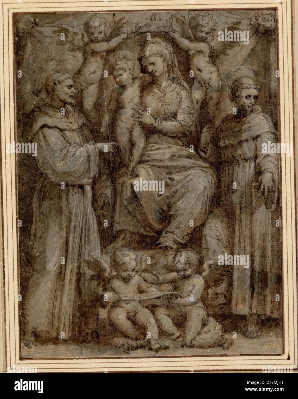 Sacra Conversazione, Piero Buonaccorsi called Perino del Vaga (Florence 1501 - 1547 Rome), drawing, pen; washed; heightened with white; blue-grey paper; holey; partially supplemented, 19.2 x 14.6 cm, l.l. Duke Albert of Saxe-Teschen, in the lower right corner 'P.D.V.' in gold lettering Stock Photo