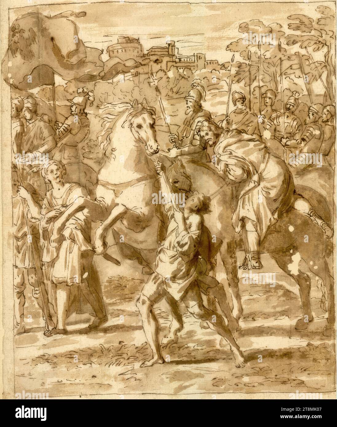 Excerpt (right half) from the 'Meeting of St. Nilus with Emperor Otto III.' after the fresco by Domenichino in the Cappella Farnese of S. Maria in Grottaferrata, Anonymous, after 1610, drawing, pen and brown ink, washed Stock Photo