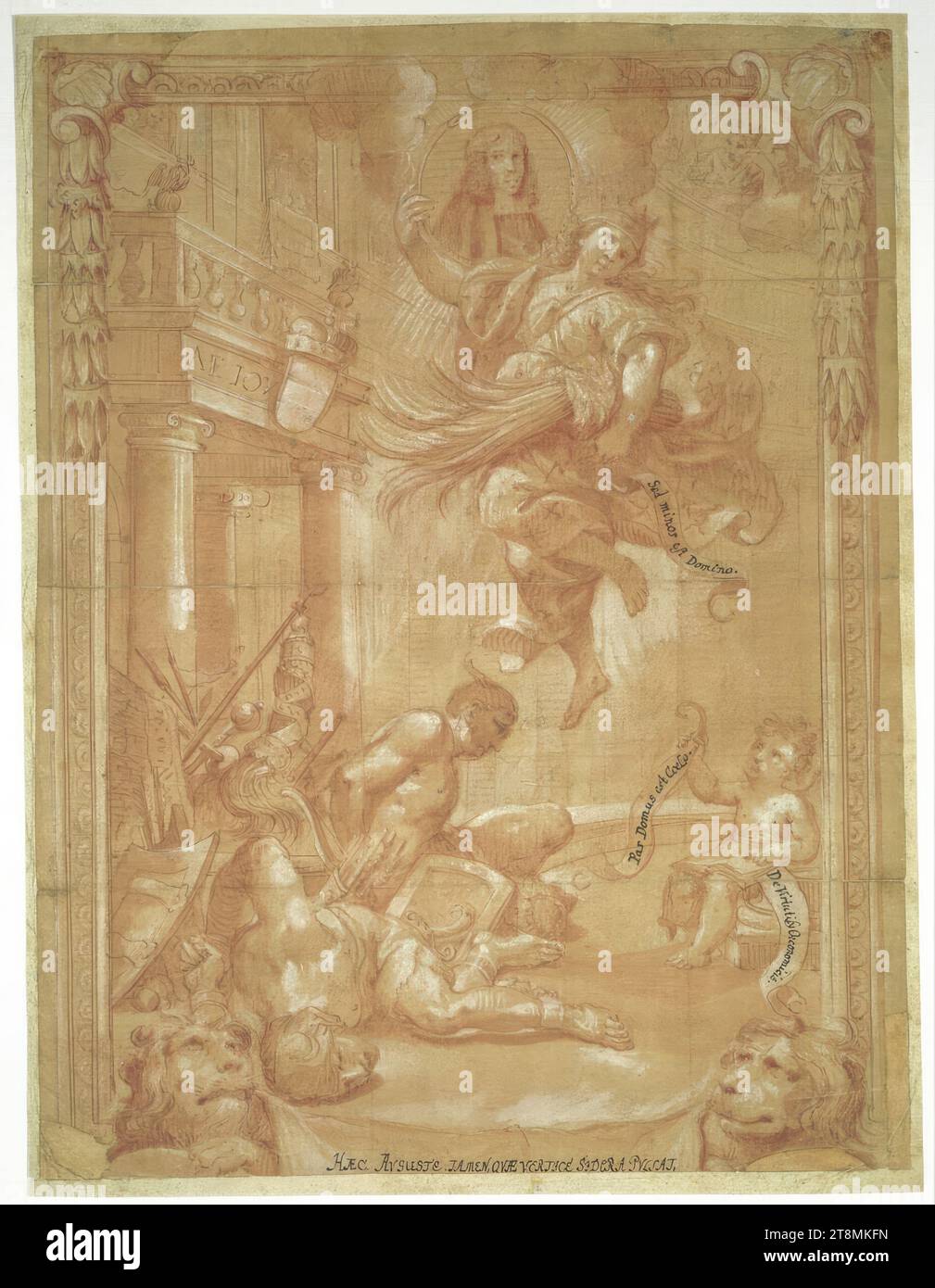 Allegorie, Zeichnung, Tuschfeder in Rot, Rötel, weiß gehöht, 29.7 x 22.6 cm, M.r. 'But he is less than the Lord', r.u. 'Par House is Heaven, On Economic Virtues'; m.u. 'THIS AUGUSTE, HOWEVER, WHICH TURNS THE STARS Stock Photo
