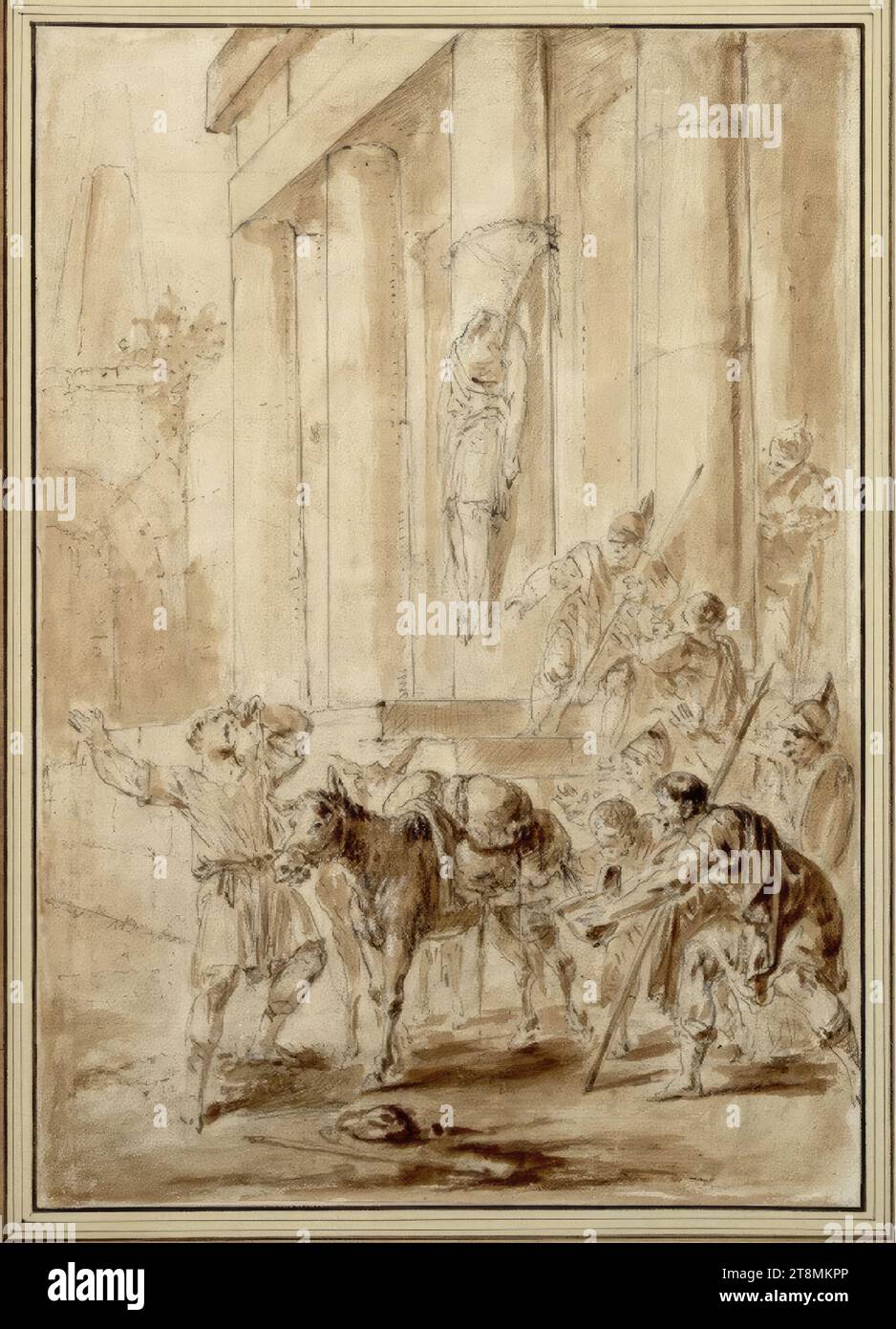 The mule driver's ruse, who diverts the attention of the city guard with a burst wineskin in order to get into the city, Bernhard Rode (Berlin 1725 - 1797 Berlin), drawing, soft lead pencil, pen in gray with gray washes, 36 x 25.1 cm, l.b. Duke Albert of Saxe-Teschen Stock Photo