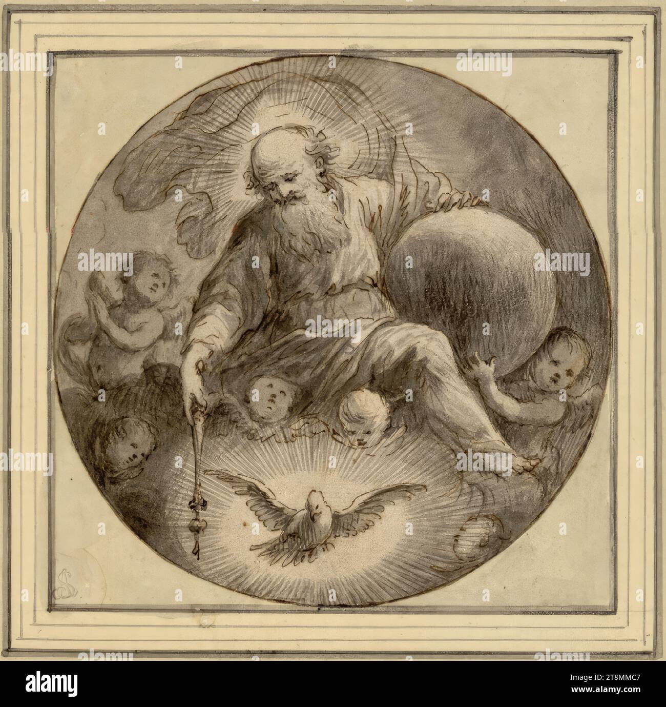 God the Father with globe, angels and dove of the Holy Spirit (design for a ceiling painting?), anonymous, around 1775, drawing, brown pen, gray brush, washed, 11.2 x 11.4 cm Stock Photo