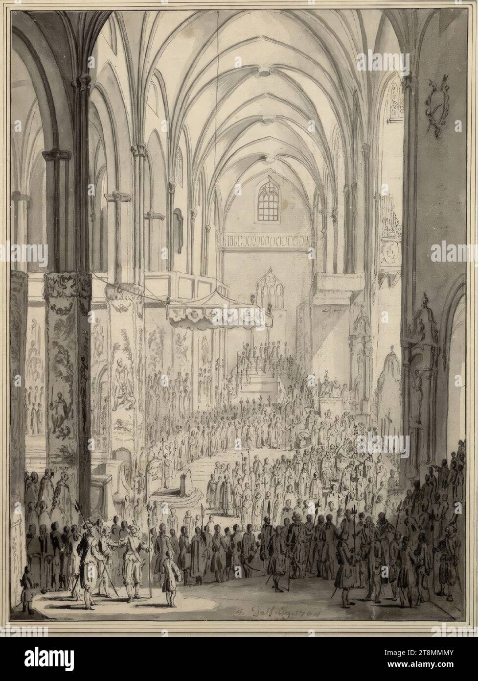 The coronation of Archduke Joseph as Roman king in the cathedral in Frankfurt, Alexander Johann Dallinger von Dalling (Vienna 1741 - 1806 Vienna), 1764, drawing, pen and brush in grey, washed, 42.5 x 31.5 cm, l.l. Duke Albert of Saxe-Teschen Stock Photo