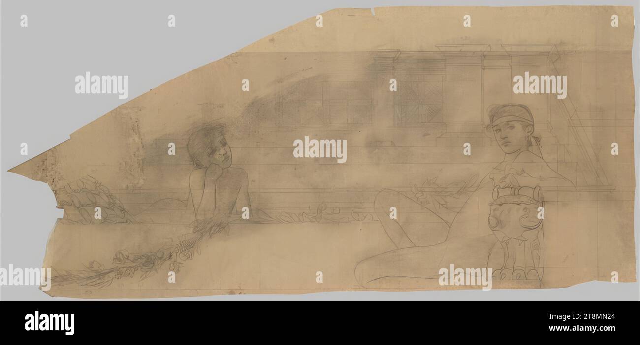 Draft drawing (cardboard): detail of 'Altar of Apollo' for the Burgtheater: child and youth, Franz von Matsch (Vienna 1861 - 1942 Vienna), 1886-1887, drawing, black chalk on wrapping paper, perforated outlines, 153 × 282 cm Stock Photo