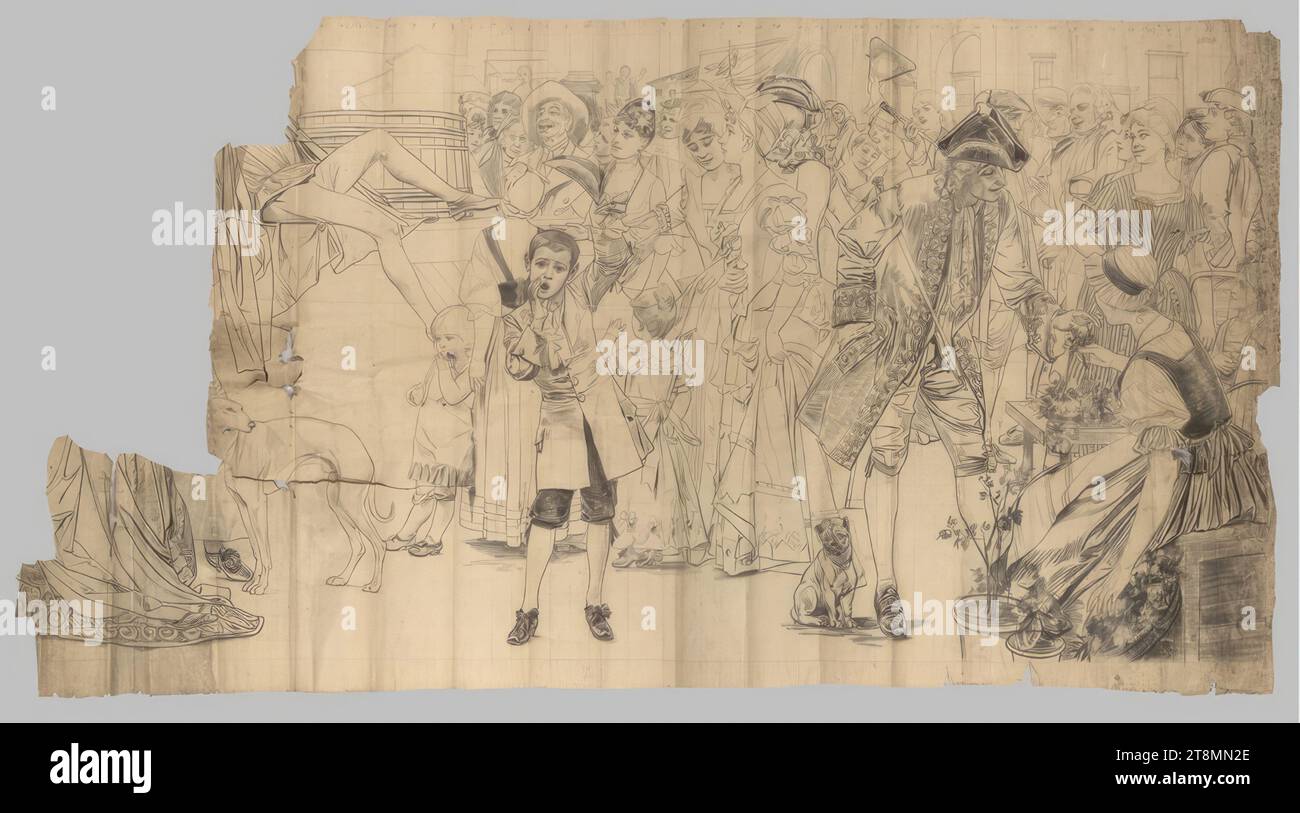 Working drawing for the box: Detail of 'Hanswurst auf der Jahresmarktsbühne' for the Burgtheater: lower half of the picture, Ernst Klimt (Vienna 1864 - 1892 Vienna), 1886-1887, drawing, charcoal and pencil on wrapping paper, outlines punched, 250 × 420 cm Stock Photo