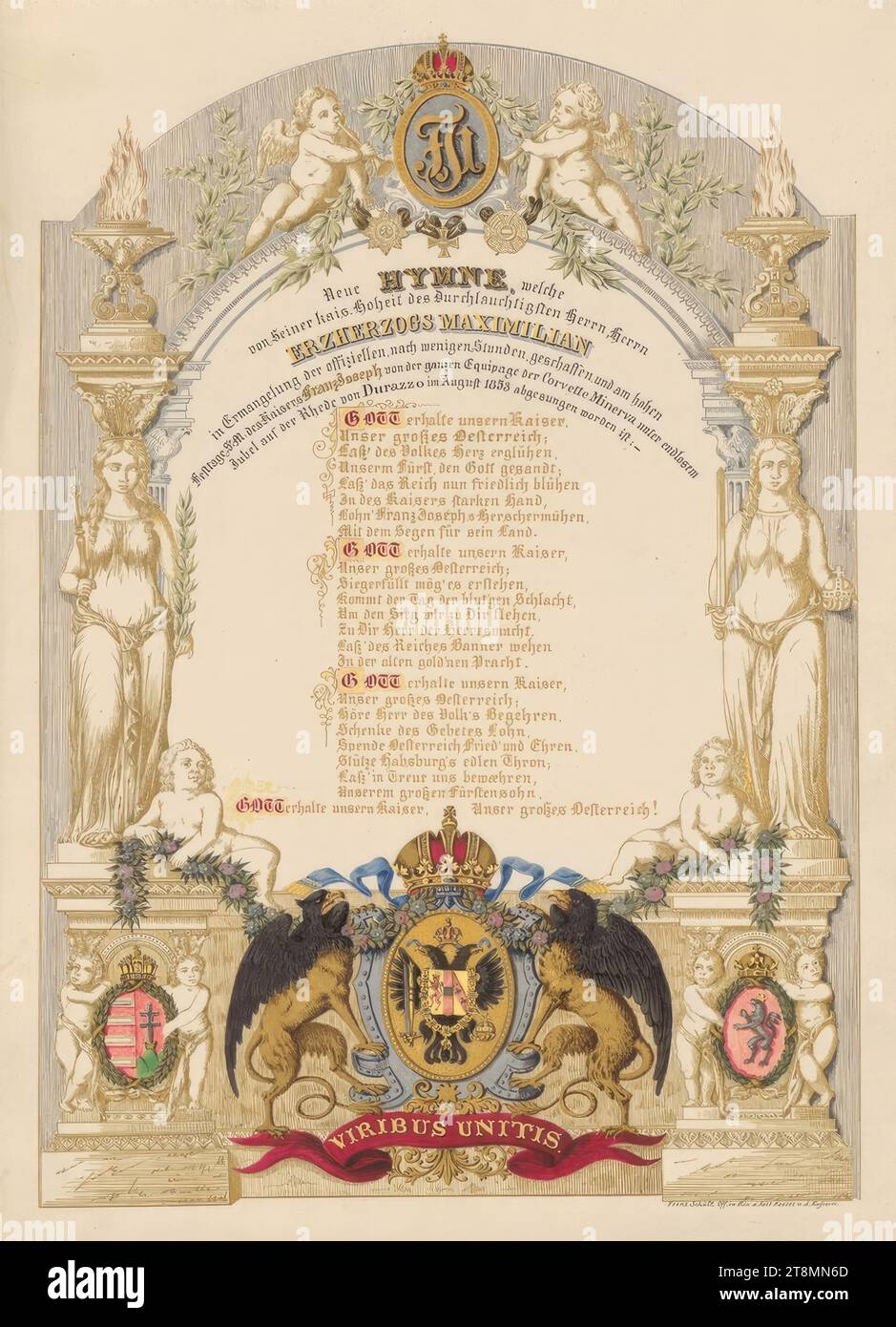 Text for the imperial anthem written by Archduke Maximilian of Austria: 'God preserve our Emperor ...', Franz Schütz, 1853, print, body colour, gold colour, ink on cardboard, sheet: 38.1 x 26.5 cm Stock Photo