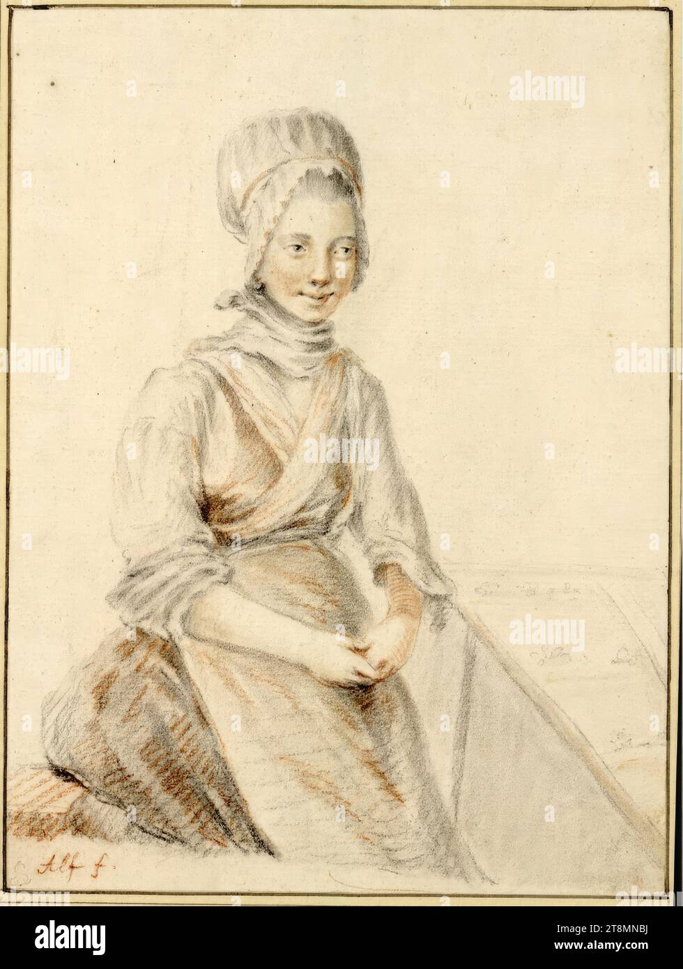 Girl seated next to an embroidery frame, Eusebius Johann Alphen (Vienna 1741 - 1772 Vienna), drawing, black chalk and sanguine, 22.2 x 16.6 cm (8 3/4 x 6 9/16 in.), l.l. Duke Albert of Saxe-Teschen, l.u. 'Alf f Stock Photo