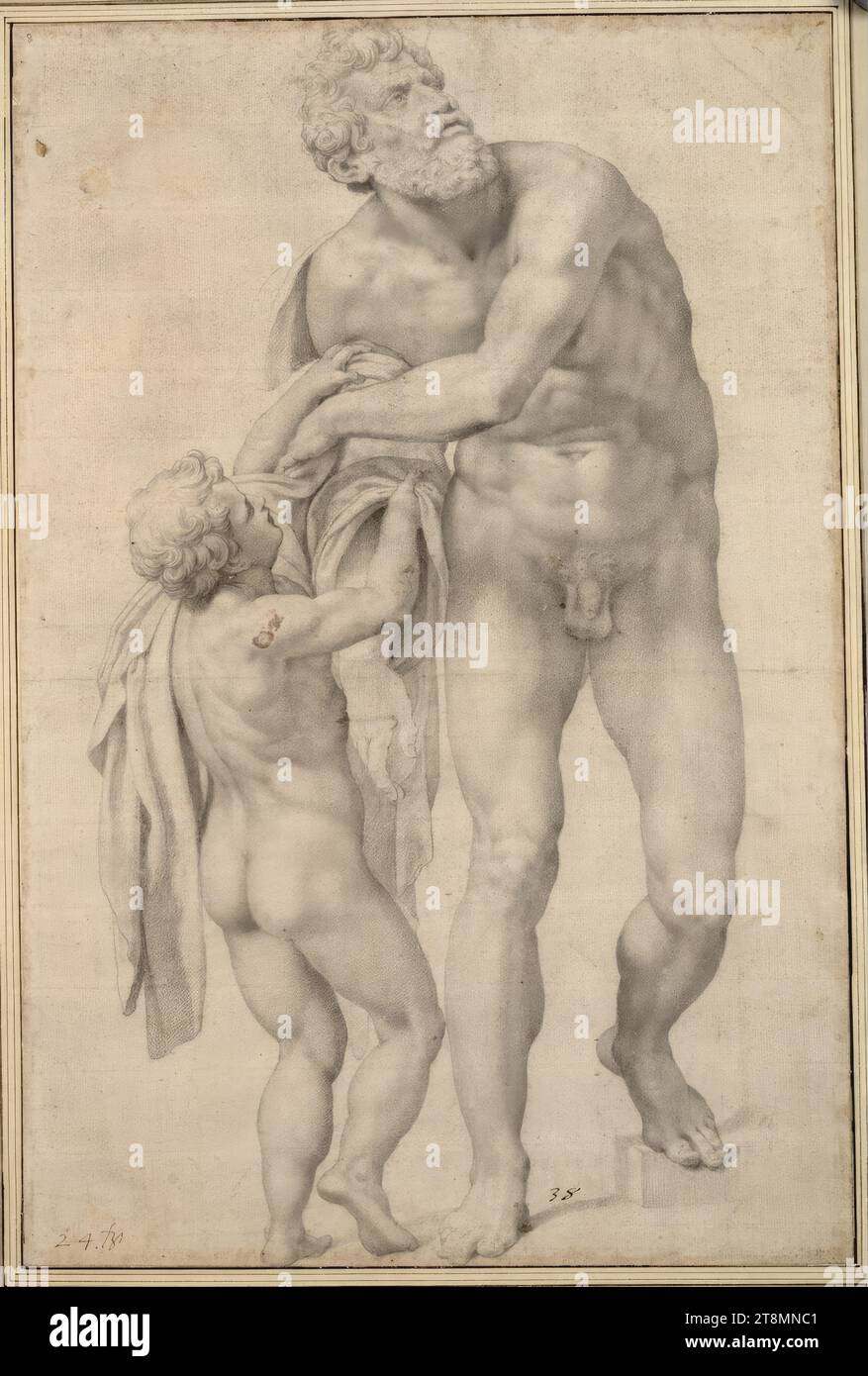 Aeneas with a boy, Daniele Ricciarelli, named Daniele da Volterra (Volterra 1509 - 1566 Rome), around 1555-1556, drawing, black chalk, 52.2 x 35 cm, l.l. Duke Albert of Saxe-Teschen, l.u. '24.B' (in pen); mu later number '38'; l.o. '8th Stock Photo