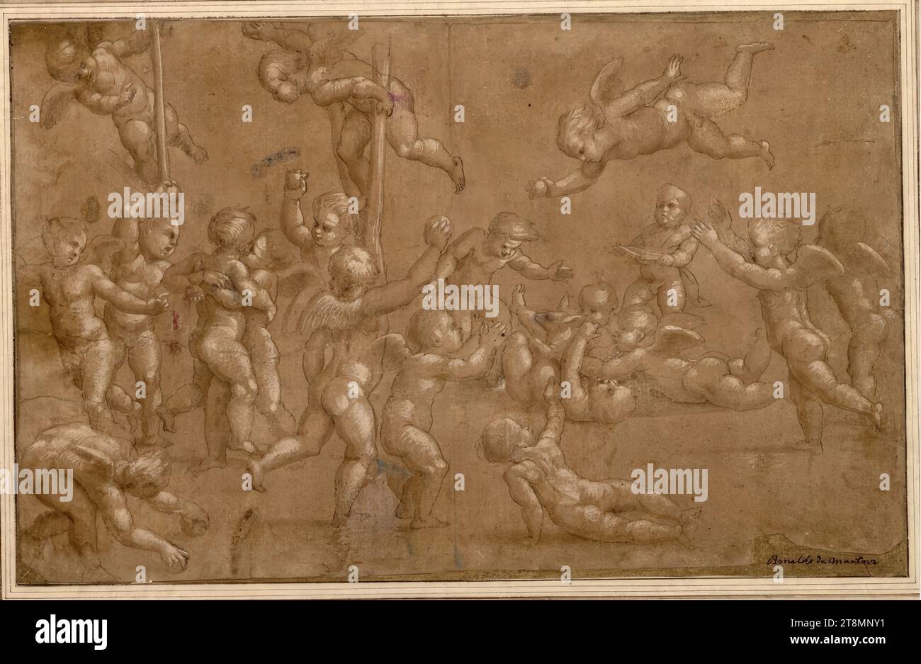 Erotes amuse themselves with various games, anonymous, Raffaello Santi (Urbino 1483 - 1520 Rome), drawing, pen; washed; heightened with white; brown paper, 26.5 x 31.7 cm, l.l. frieze; r.b. Duke Albert of Saxe-Teschen (on the backing sheet);, on the backing sheet in an old hand 'Rinaldo da Mantova Stock Photo