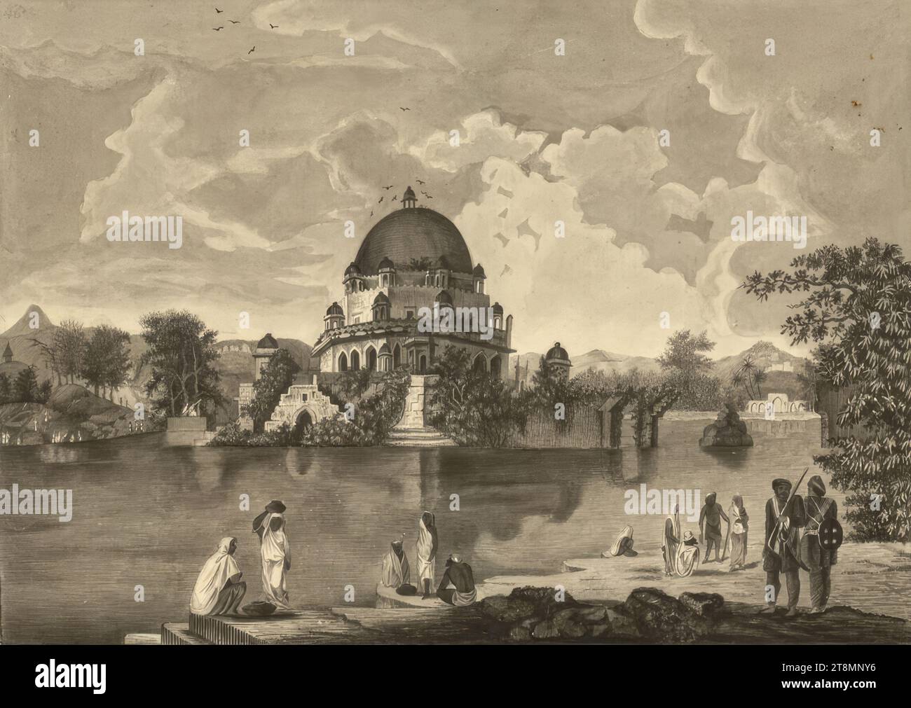 View of an Indian mausoleum on an island, Johann Reinhold Forster (Dirschau 1729 - 1798 Halle), after 1793, drawing, pen and brush in gray; black framing line, 17.7 x 25.2 cm, r.r. Duke Albert of Saxe-Teschen, l.o. '46.' (Lead Stock Photo