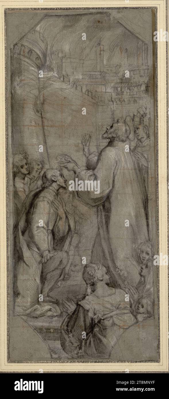 A saint implores the cessation of a conflagration, Antonio Cimatori gen. il Visacci (Italian, 1550 - 1623), drawing, chalk; heightened with white; squared with sanguine; gray paper, 35.5 x 15 cm, l.l. Duke Albert of Saxe-Teschen Stock Photo