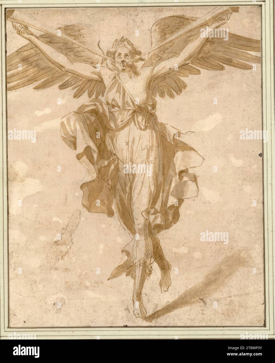 A front view of Victoria with outstretched wings blowing two tubes, Domenico del Barbiere (France, 1506 - 1565), drawing, pen, ink, wash, 19 x 15.4 cm, l.l. Duke Albert of Saxe-Teschen Stock Photo