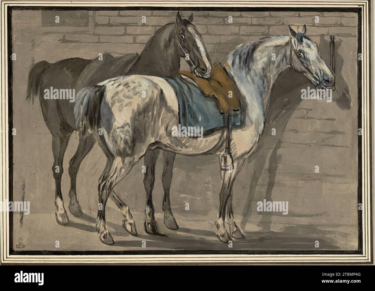 Two saddled and bridled horses by a wall, Conrad Gessner (Zurich 1764 - 1826 Zurich), 1789-96, drawing, brush in black and gray, wash, watercolour, heightened with brush in white, over traces of black chalk, on light brown paper, 14.3 x 20.4 cm, l.l. Duke Albert of Saxe-Teschen Stock Photo