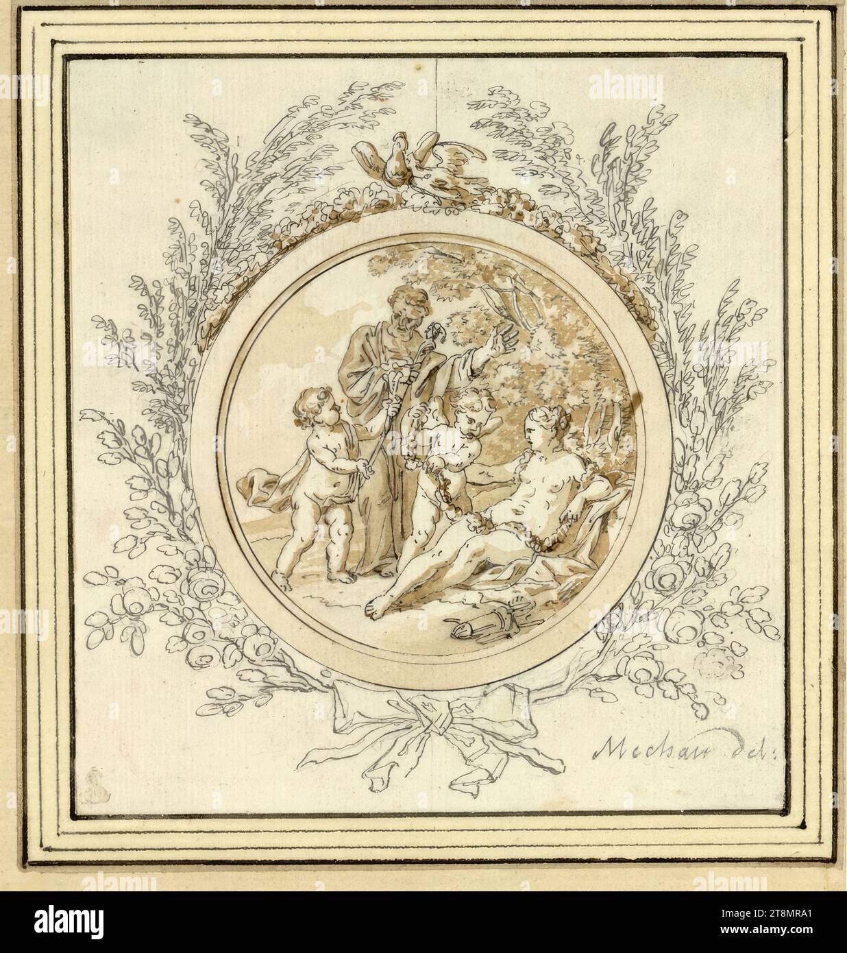 Greeting card for the wedding (Venus and Cupid, Momus and another putto), Jacob Wilhelm Mechau (Leipzig 1745 - 1808 Dresden), 2nd half of the 18th century, drawing, pen in gray and black, brush in brown, washed, over pencil, 12.5 x 11.7 cm, l.l. Duke Albert of Saxe-Teschen Stock Photo