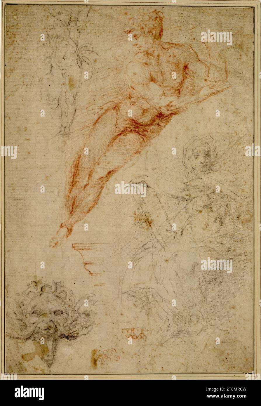 Study sheet after Michelangelo's ceiling of the Sistine Chapel. (One of the youths in bronze above Judith; one of the stone-colored putti; the Delphic Sibyl; decorative details), Giovanni Battista Naldini (Fiesole around 1537 - 1591 Florence), drawing, red chalk; Chalk, 32 x 21.5 cm, l.l. Duke Albert of Saxe-Teschen Stock Photo